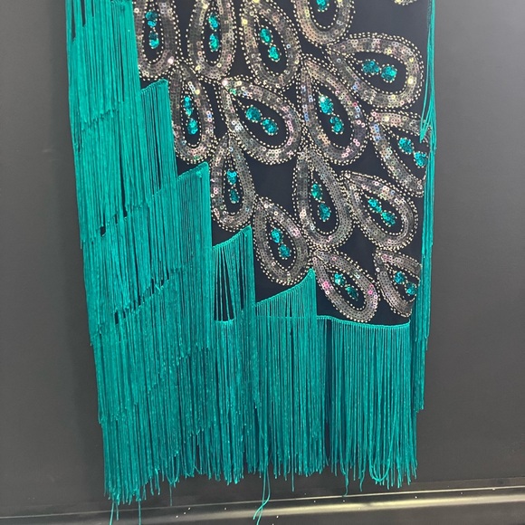 BabeYond black green and Silver peacock embroidered fringe flapper dress XL - Picture 13 of 15